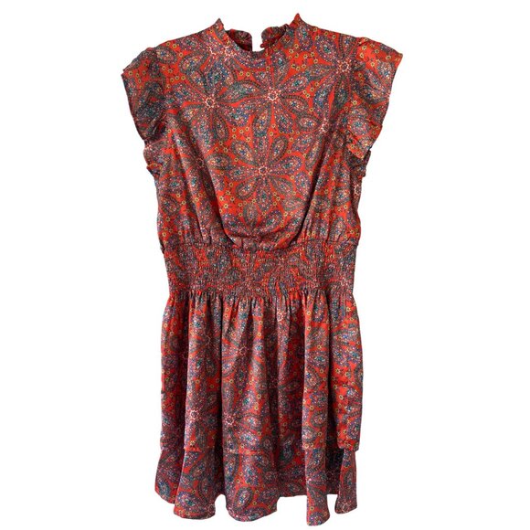 THML Womens Satin Red Paisley Floral Print Smocked Waist Dress Size L - Picture 2 of 11